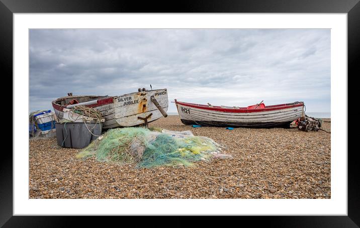 Fishing nets and boats on Aldeburgh Beach Framed Mounted Print by Jason Wells
