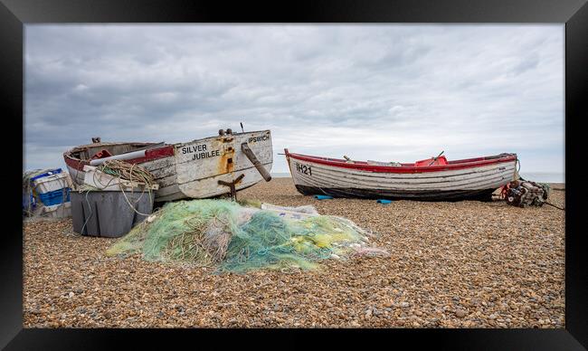 Fishing nets and boats on Aldeburgh Beach Framed Print by Jason Wells