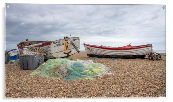 Fishing nets and boats on Aldeburgh Beach Acrylic by Jason Wells