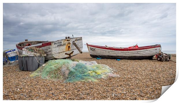Fishing nets and boats on Aldeburgh Beach Print by Jason Wells