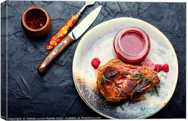 Fried steak with raspberry sauce Canvas Print by Mykola Lunov Mykola