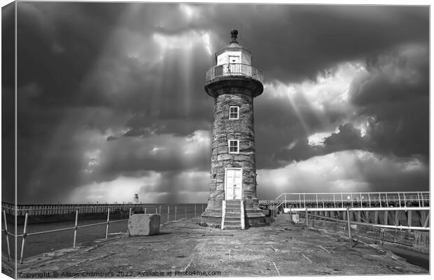 Whitby East Pier Lighthouse Monochrome  Canvas Print by Alison Chambers