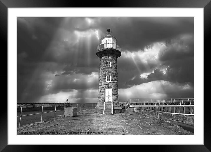 Whitby East Pier Lighthouse Monochrome  Framed Mounted Print by Alison Chambers
