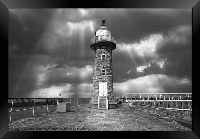 Whitby East Pier Lighthouse Monochrome  Framed Print by Alison Chambers