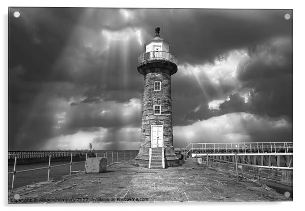 Whitby East Pier Lighthouse Monochrome  Acrylic by Alison Chambers