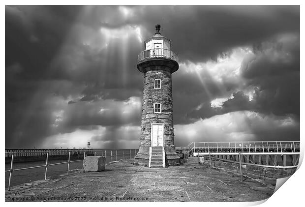 Whitby East Pier Lighthouse Monochrome  Print by Alison Chambers