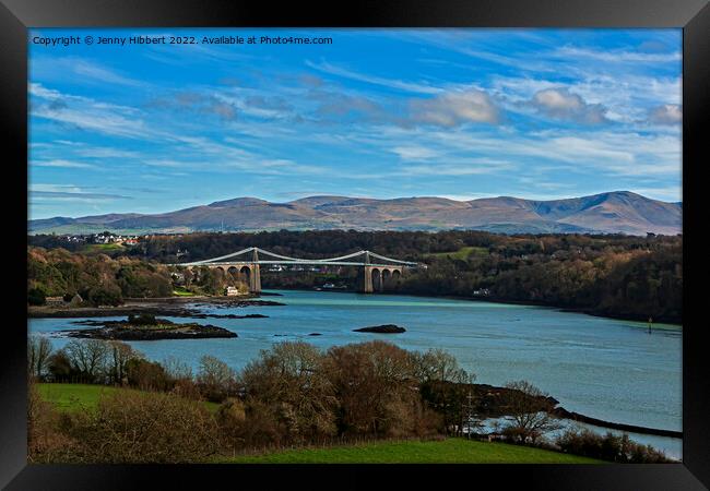 Menai Bridge spanning over the Menai Strait Isle of Anglesey North Wales Framed Print by Jenny Hibbert