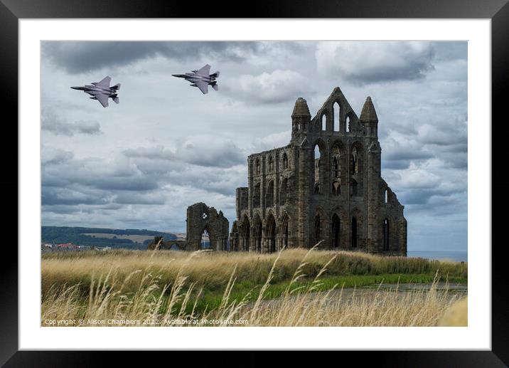 Majestic F15 Eagle Jet Over Whitby Framed Mounted Print by Alison Chambers
