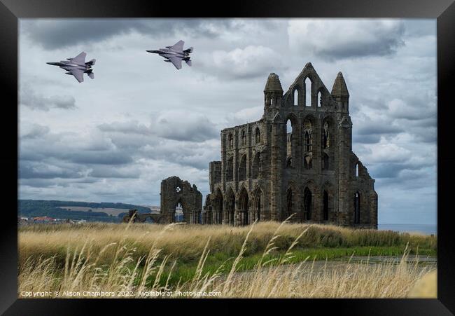 Majestic F15 Eagle Jet Over Whitby Framed Print by Alison Chambers