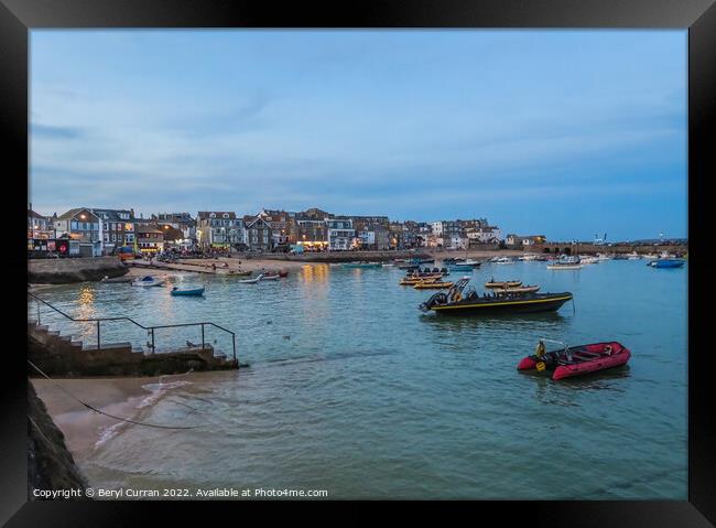 Serene Evening Stroll in St Ives Harbour Framed Print by Beryl Curran