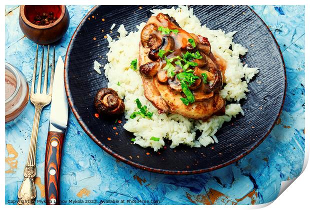 Chicken meat with mushroom sauce and rice Print by Mykola Lunov Mykola