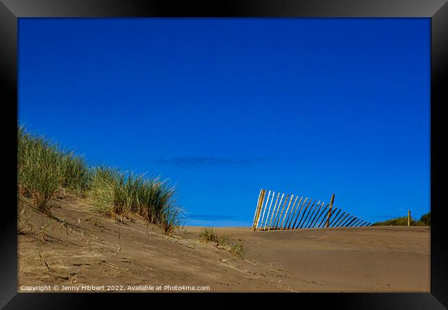 Fence on sand dune at Barmouth beach, Gwynedd Framed Print by Jenny Hibbert