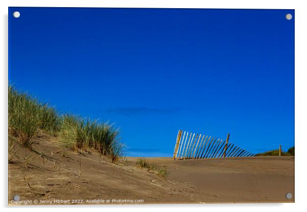 Fence on sand dune at Barmouth beach, Gwynedd Acrylic by Jenny Hibbert