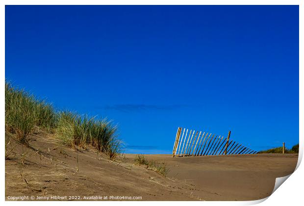 Fence on sand dune at Barmouth beach, Gwynedd Print by Jenny Hibbert