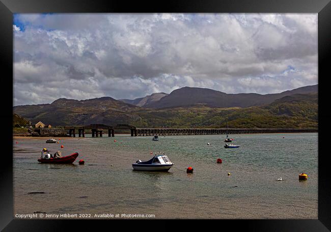 Harbour Barmouth with the bridge & mountains Framed Print by Jenny Hibbert