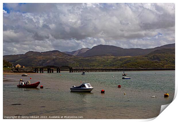 Harbour Barmouth with the bridge & mountains Print by Jenny Hibbert