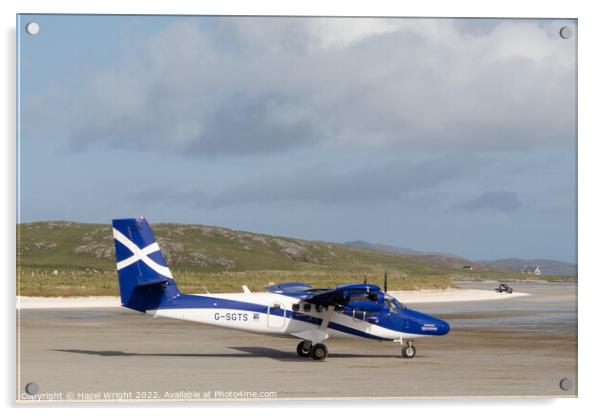 Plane at Barra airport Acrylic by Hazel Wright