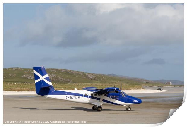Plane at Barra airport Print by Hazel Wright