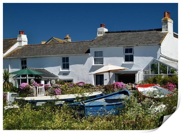 Cottages near Porthcressa, Hugh Town, St. Mary's, Isles of Scilly. Print by Peter Wiseman