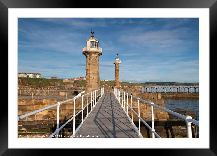 Whitby Harbour Lighthouses Framed Mounted Print by Sarah Smith