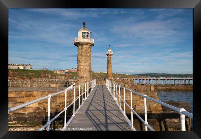 Whitby Harbour Lighthouses Framed Print by Sarah Smith