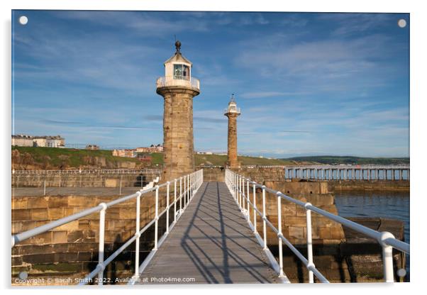Whitby Harbour Lighthouses Acrylic by Sarah Smith