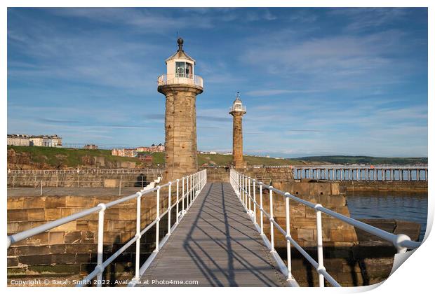 Whitby Harbour Lighthouses Print by Sarah Smith