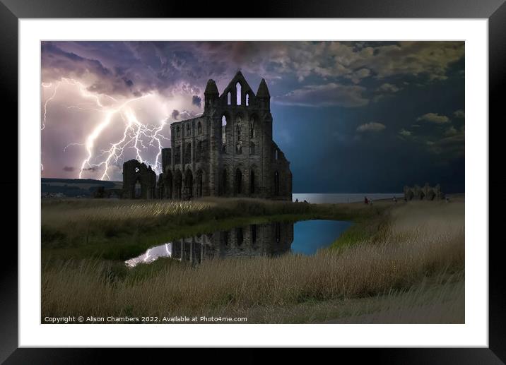 Whitby Abbey Lightning Storm Framed Mounted Print by Alison Chambers