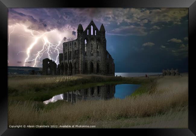 Whitby Abbey Lightning Storm Framed Print by Alison Chambers