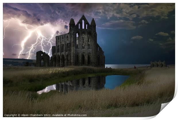Whitby Abbey Lightning Storm Print by Alison Chambers