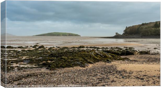 Low tide over Balcary Bay with Heston Island and Balcary Tower in the background Canvas Print by SnapT Photography