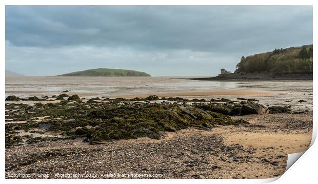 Low tide over Balcary Bay with Heston Island and Balcary Tower in the background Print by SnapT Photography