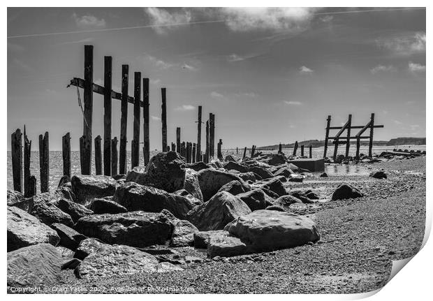 Happisburgh wooden sea defences black and white. Print by Craig Yates