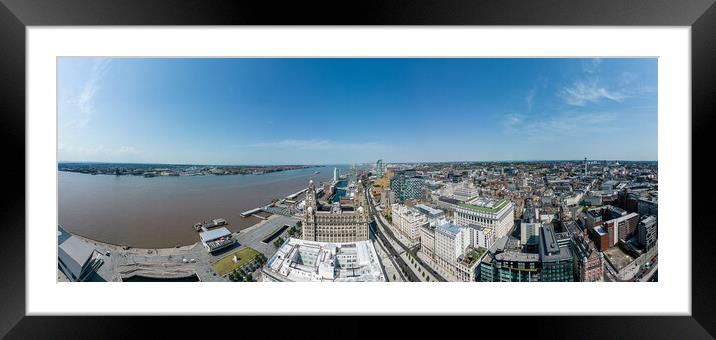 Aerial view over Liverpool and Mersey River - wide angle panorama Framed Mounted Print by Erik Lattwein