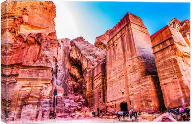 Rose Red Rock Tombs Afternoon Street of Facades Petra Jordan  Canvas Print by William Perry