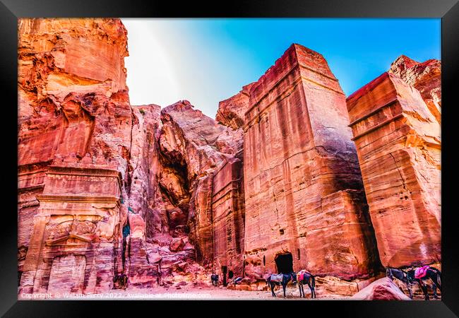 Rose Red Rock Tombs Afternoon Street of Facades Petra Jordan  Framed Print by William Perry
