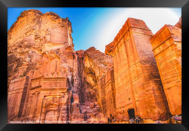Yellow Rock Tombs Morning Street of Facades Petra Jordan  Framed Print by William Perry
