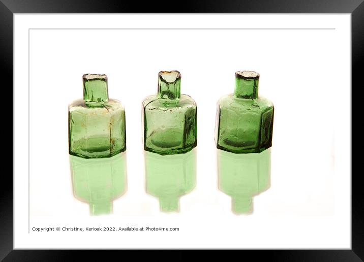 Three Green Glass Ink Bottles Framed Mounted Print by Christine Kerioak