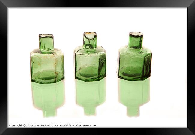 Three Green Glass Ink Bottles Framed Print by Christine Kerioak