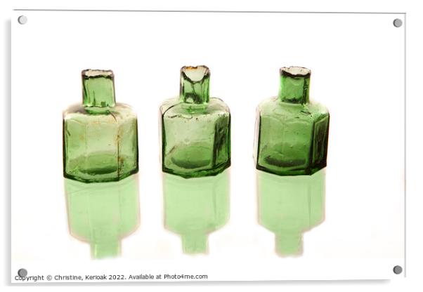 Three Green Glass Ink Bottles Acrylic by Christine Kerioak