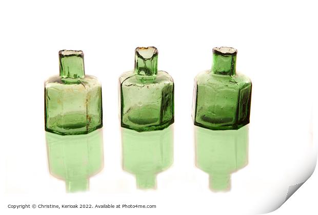 Three Green Glass Ink Bottles Print by Christine Kerioak