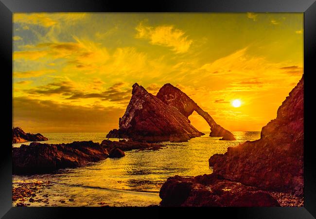 Golden Sunrise at Bow Fiddle Rock Framed Print by DAVID FRANCIS