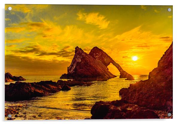 Golden Sunrise at Bow Fiddle Rock Acrylic by DAVID FRANCIS