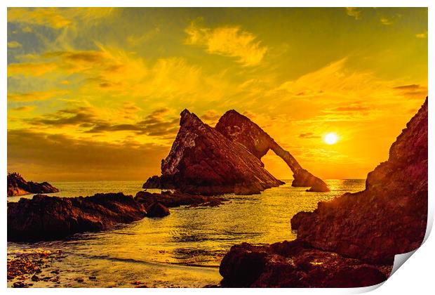 Golden Sunrise at Bow Fiddle Rock Print by DAVID FRANCIS