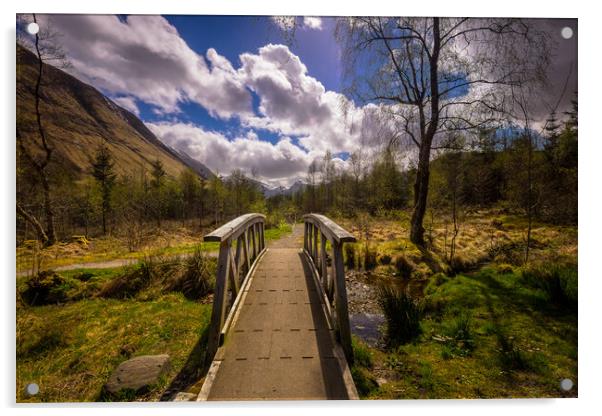 Footbridge on a path in the Ben Nevis Range. Acrylic by Bill Allsopp