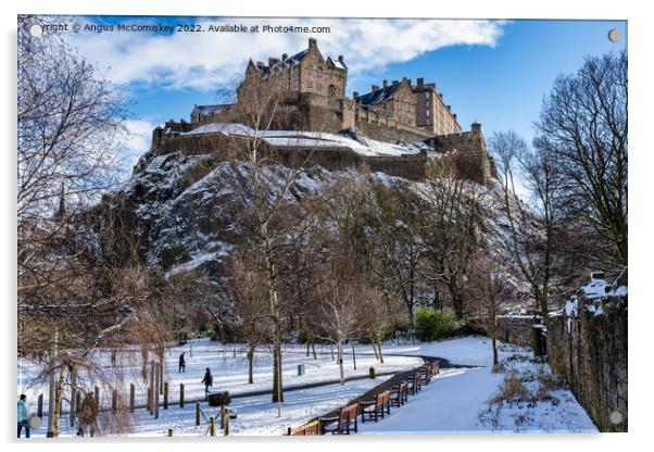 Edinburgh Castle from Princes Street Gardens snow Acrylic by Angus McComiskey