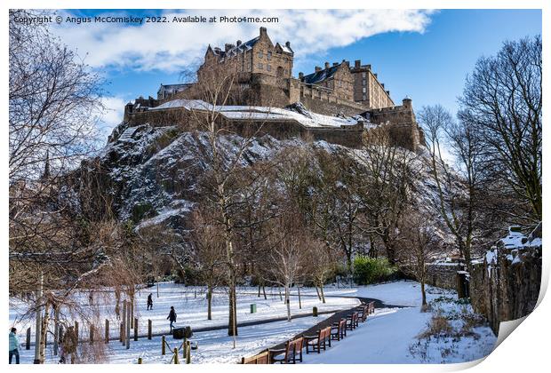Edinburgh Castle from Princes Street Gardens snow Print by Angus McComiskey
