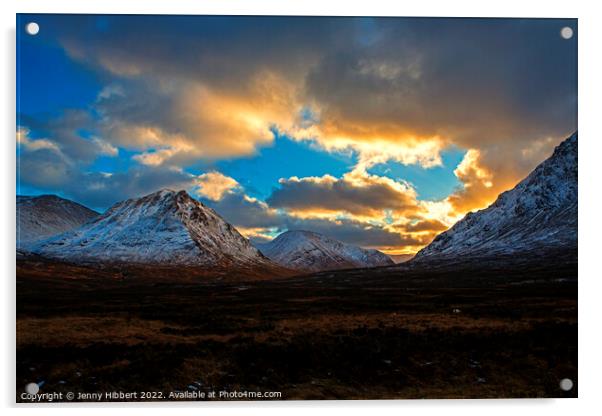 Sunsetting over the mountains in Glencoe Highlands of Scotland Acrylic by Jenny Hibbert