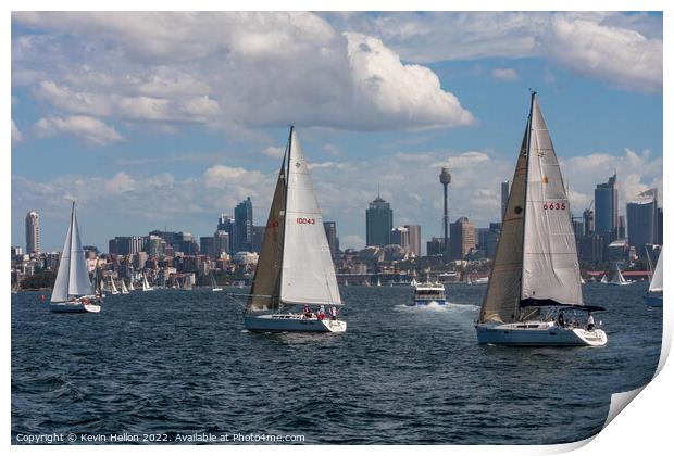 Yachts sailing in Sydney harbour witheCentral Business District, Print by Kevin Hellon