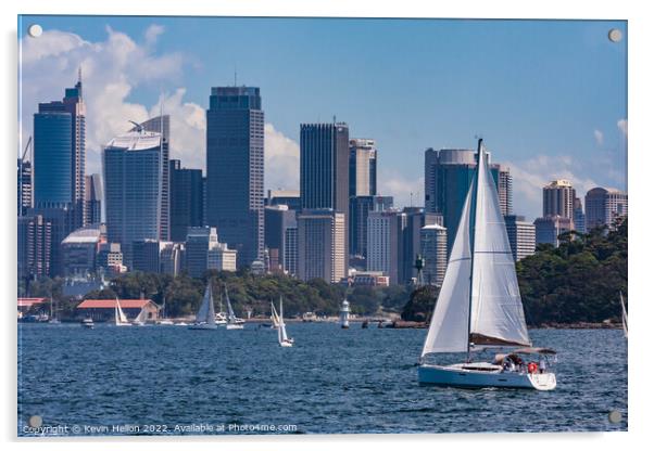 Yachts sailing in Sydney harbour witheCentral Business District, Acrylic by Kevin Hellon